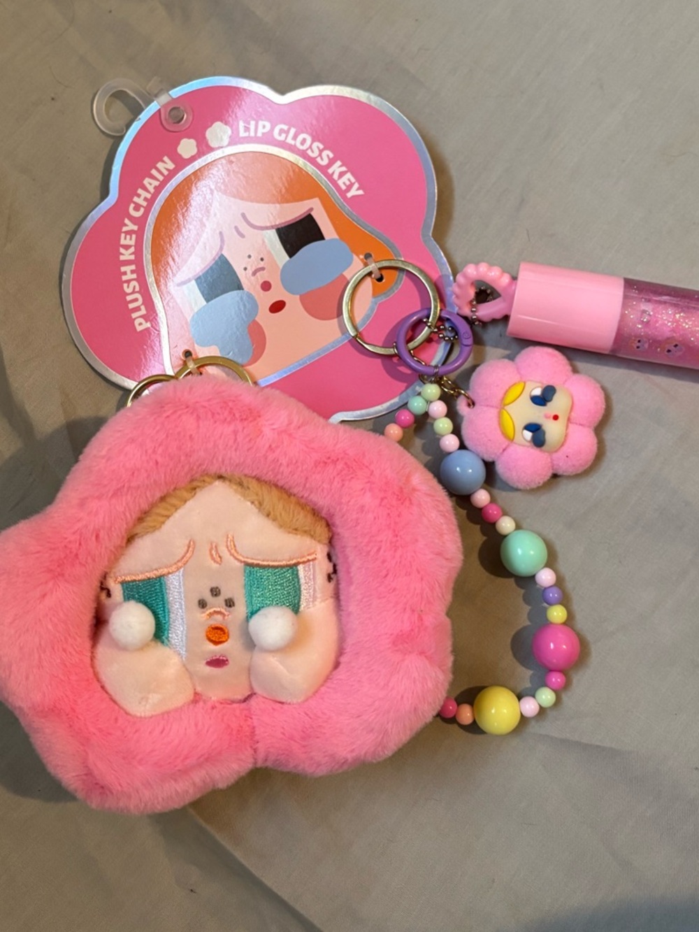 Crybaby Plush Flower Key & Card Holder with Beaded Strap and Lip Gloss Charm